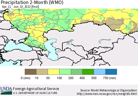 Russian Federation Precipitation 2-Month (WMO) Thematic Map For 4/11/2022 - 6/10/2022