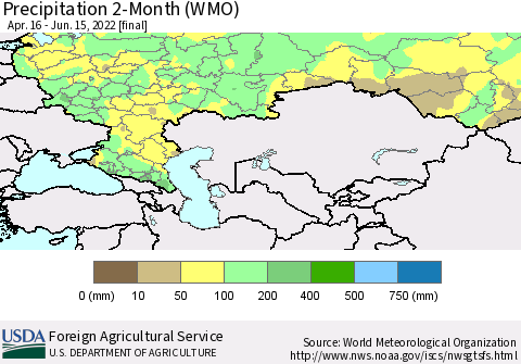 Russian Federation Precipitation 2-Month (WMO) Thematic Map For 4/16/2022 - 6/15/2022