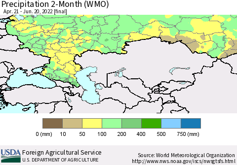Russian Federation Precipitation 2-Month (WMO) Thematic Map For 4/21/2022 - 6/20/2022