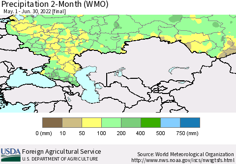 Russian Federation Precipitation 2-Month (WMO) Thematic Map For 5/1/2022 - 6/30/2022
