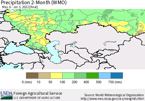 Russian Federation Precipitation 2-Month (WMO) Thematic Map For 5/6/2022 - 7/5/2022