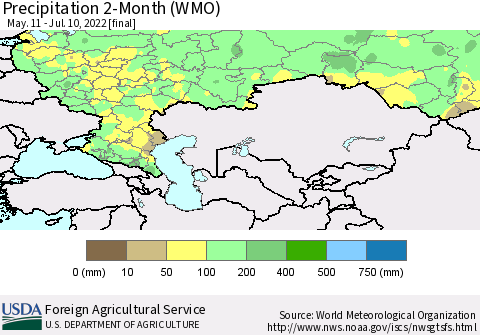 Russian Federation Precipitation 2-Month (WMO) Thematic Map For 5/11/2022 - 7/10/2022