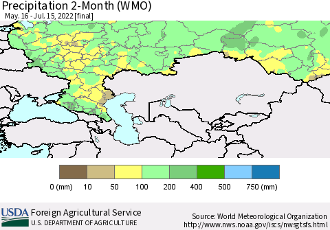 Russian Federation Precipitation 2-Month (WMO) Thematic Map For 5/16/2022 - 7/15/2022