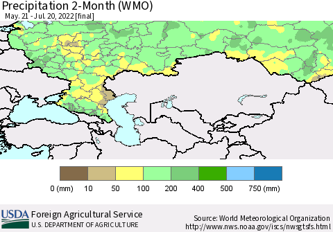 Russian Federation Precipitation 2-Month (WMO) Thematic Map For 5/21/2022 - 7/20/2022