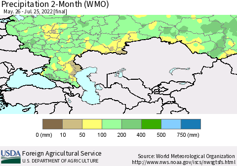 Russian Federation Precipitation 2-Month (WMO) Thematic Map For 5/26/2022 - 7/25/2022