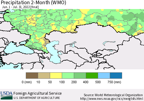 Russian Federation Precipitation 2-Month (WMO) Thematic Map For 6/1/2022 - 7/31/2022