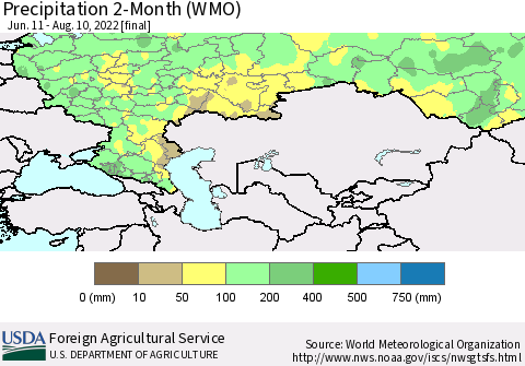 Russian Federation Precipitation 2-Month (WMO) Thematic Map For 6/11/2022 - 8/10/2022