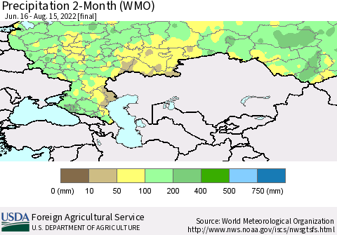 Russian Federation Precipitation 2-Month (WMO) Thematic Map For 6/16/2022 - 8/15/2022