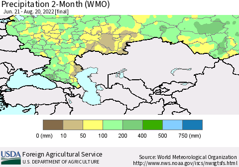 Russian Federation Precipitation 2-Month (WMO) Thematic Map For 6/21/2022 - 8/20/2022