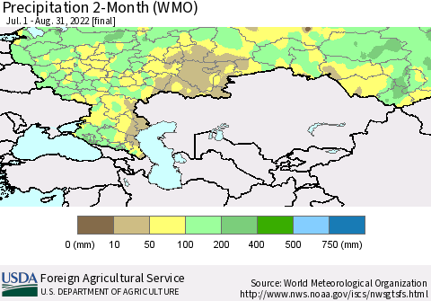 Russian Federation Precipitation 2-Month (WMO) Thematic Map For 7/1/2022 - 8/31/2022