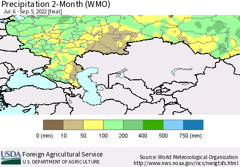 Russian Federation Precipitation 2-Month (WMO) Thematic Map For 7/6/2022 - 9/5/2022