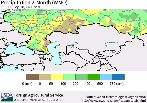 Russian Federation Precipitation 2-Month (WMO) Thematic Map For 7/11/2022 - 9/10/2022