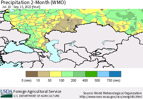 Russian Federation Precipitation 2-Month (WMO) Thematic Map For 7/16/2022 - 9/15/2022