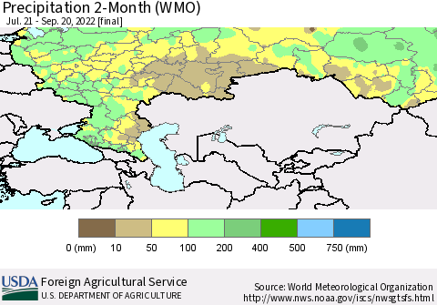 Russian Federation Precipitation 2-Month (WMO) Thematic Map For 7/21/2022 - 9/20/2022