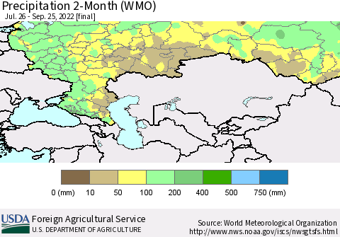 Russian Federation Precipitation 2-Month (WMO) Thematic Map For 7/26/2022 - 9/25/2022