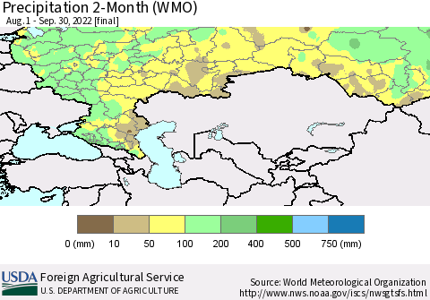 Russian Federation Precipitation 2-Month (WMO) Thematic Map For 8/1/2022 - 9/30/2022
