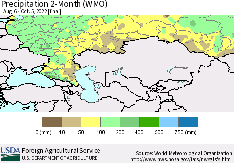 Russian Federation Precipitation 2-Month (WMO) Thematic Map For 8/6/2022 - 10/5/2022