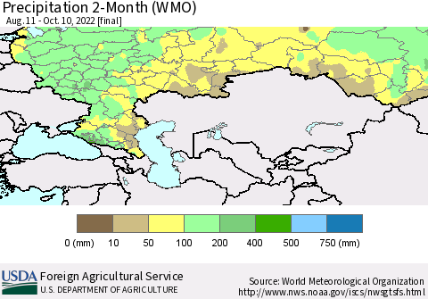 Russian Federation Precipitation 2-Month (WMO) Thematic Map For 8/11/2022 - 10/10/2022