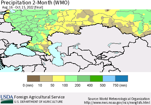 Russian Federation Precipitation 2-Month (WMO) Thematic Map For 8/16/2022 - 10/15/2022