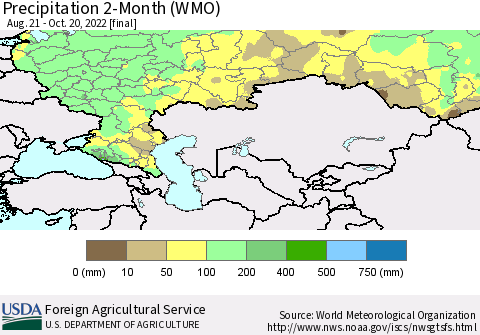 Russian Federation Precipitation 2-Month (WMO) Thematic Map For 8/21/2022 - 10/20/2022
