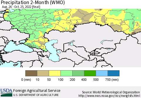 Russian Federation Precipitation 2-Month (WMO) Thematic Map For 8/26/2022 - 10/25/2022
