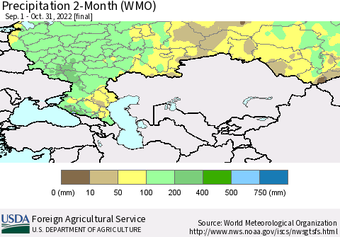 Russian Federation Precipitation 2-Month (WMO) Thematic Map For 9/1/2022 - 10/31/2022