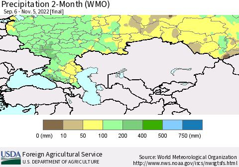 Russian Federation Precipitation 2-Month (WMO) Thematic Map For 9/6/2022 - 11/5/2022