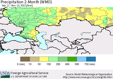 Russian Federation Precipitation 2-Month (WMO) Thematic Map For 9/11/2022 - 11/10/2022