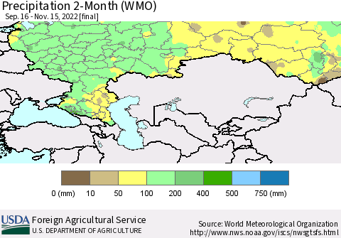 Russian Federation Precipitation 2-Month (WMO) Thematic Map For 9/16/2022 - 11/15/2022