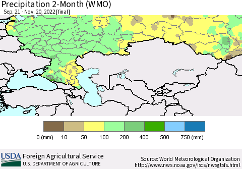 Russian Federation Precipitation 2-Month (WMO) Thematic Map For 9/21/2022 - 11/20/2022