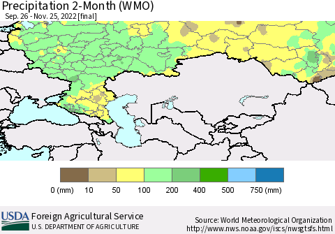 Russian Federation Precipitation 2-Month (WMO) Thematic Map For 9/26/2022 - 11/25/2022