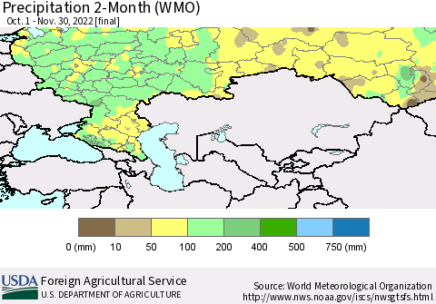 Russian Federation Precipitation 2-Month (WMO) Thematic Map For 10/1/2022 - 11/30/2022