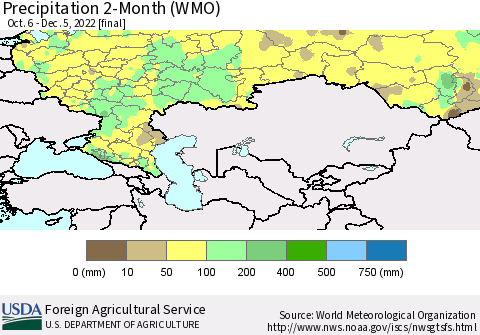 Russian Federation Precipitation 2-Month (WMO) Thematic Map For 10/6/2022 - 12/5/2022