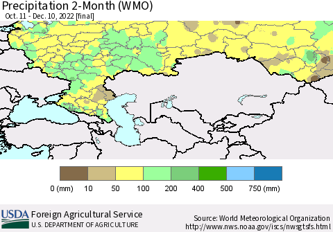 Russian Federation Precipitation 2-Month (WMO) Thematic Map For 10/11/2022 - 12/10/2022