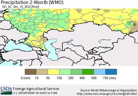 Russian Federation Precipitation 2-Month (WMO) Thematic Map For 10/16/2022 - 12/15/2022