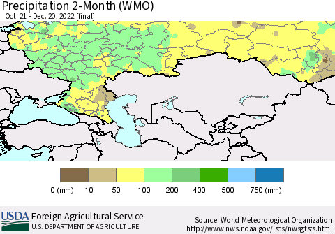 Russian Federation Precipitation 2-Month (WMO) Thematic Map For 10/21/2022 - 12/20/2022
