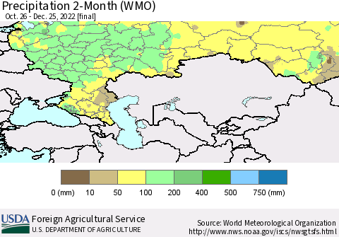 Russian Federation Precipitation 2-Month (WMO) Thematic Map For 10/26/2022 - 12/25/2022