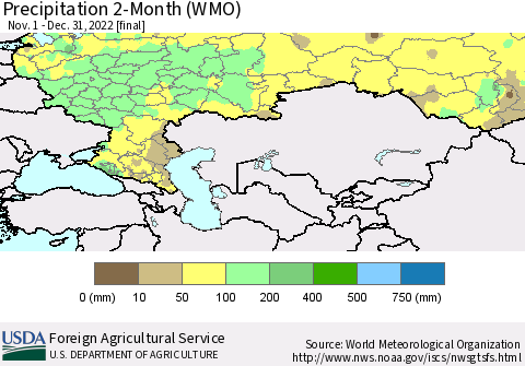 Russian Federation Precipitation 2-Month (WMO) Thematic Map For 11/1/2022 - 12/31/2022