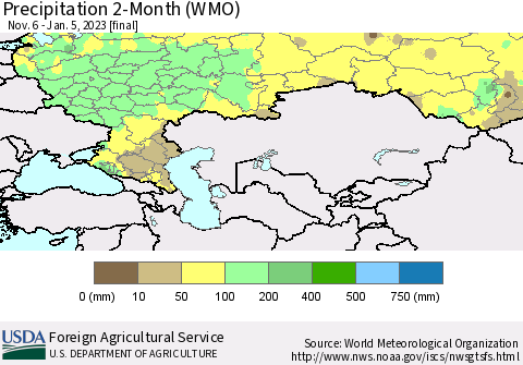 Russian Federation Precipitation 2-Month (WMO) Thematic Map For 11/6/2022 - 1/5/2023