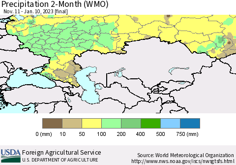 Russian Federation Precipitation 2-Month (WMO) Thematic Map For 11/11/2022 - 1/10/2023