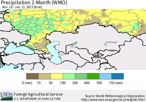 Russian Federation Precipitation 2-Month (WMO) Thematic Map For 11/16/2022 - 1/15/2023