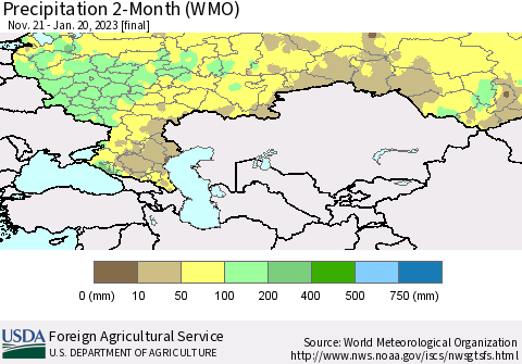 Russian Federation Precipitation 2-Month (WMO) Thematic Map For 11/21/2022 - 1/20/2023