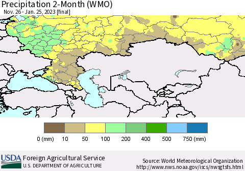 Russian Federation Precipitation 2-Month (WMO) Thematic Map For 11/26/2022 - 1/25/2023
