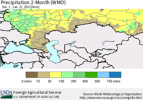 Russian Federation Precipitation 2-Month (WMO) Thematic Map For 12/1/2022 - 1/31/2023