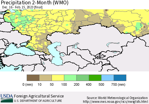 Russian Federation Precipitation 2-Month (WMO) Thematic Map For 12/16/2022 - 2/15/2023