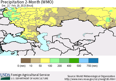 Russian Federation Precipitation 2-Month (WMO) Thematic Map For 12/21/2022 - 2/20/2023