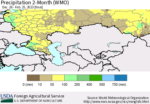 Russian Federation Precipitation 2-Month (WMO) Thematic Map For 12/26/2022 - 2/25/2023