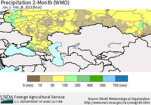Russian Federation Precipitation 2-Month (WMO) Thematic Map For 1/1/2023 - 2/28/2023