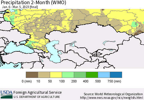 Russian Federation Precipitation 2-Month (WMO) Thematic Map For 1/6/2023 - 3/5/2023