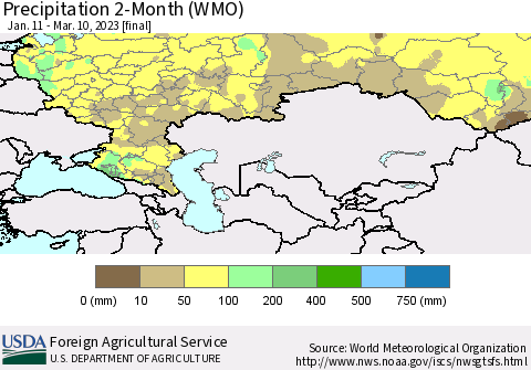 Russian Federation Precipitation 2-Month (WMO) Thematic Map For 1/11/2023 - 3/10/2023